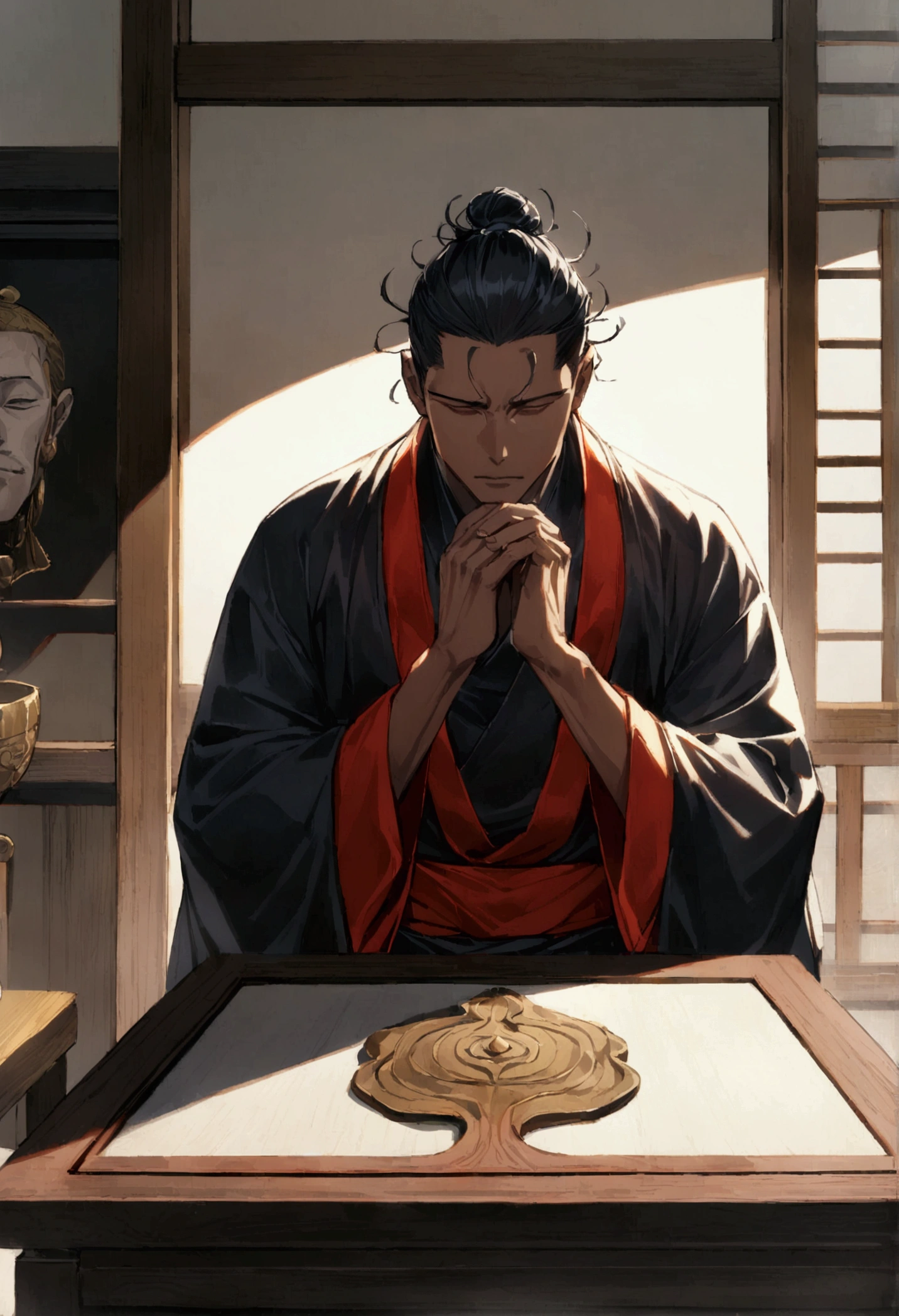 (1 guy,JUJUTSU KAİSEN), older looking man dark skin tone , curly black hair, wearing a red sash hiding his eyes wearing monk clothes,sitting in a chair and in front of a table, front viewer, work of art

