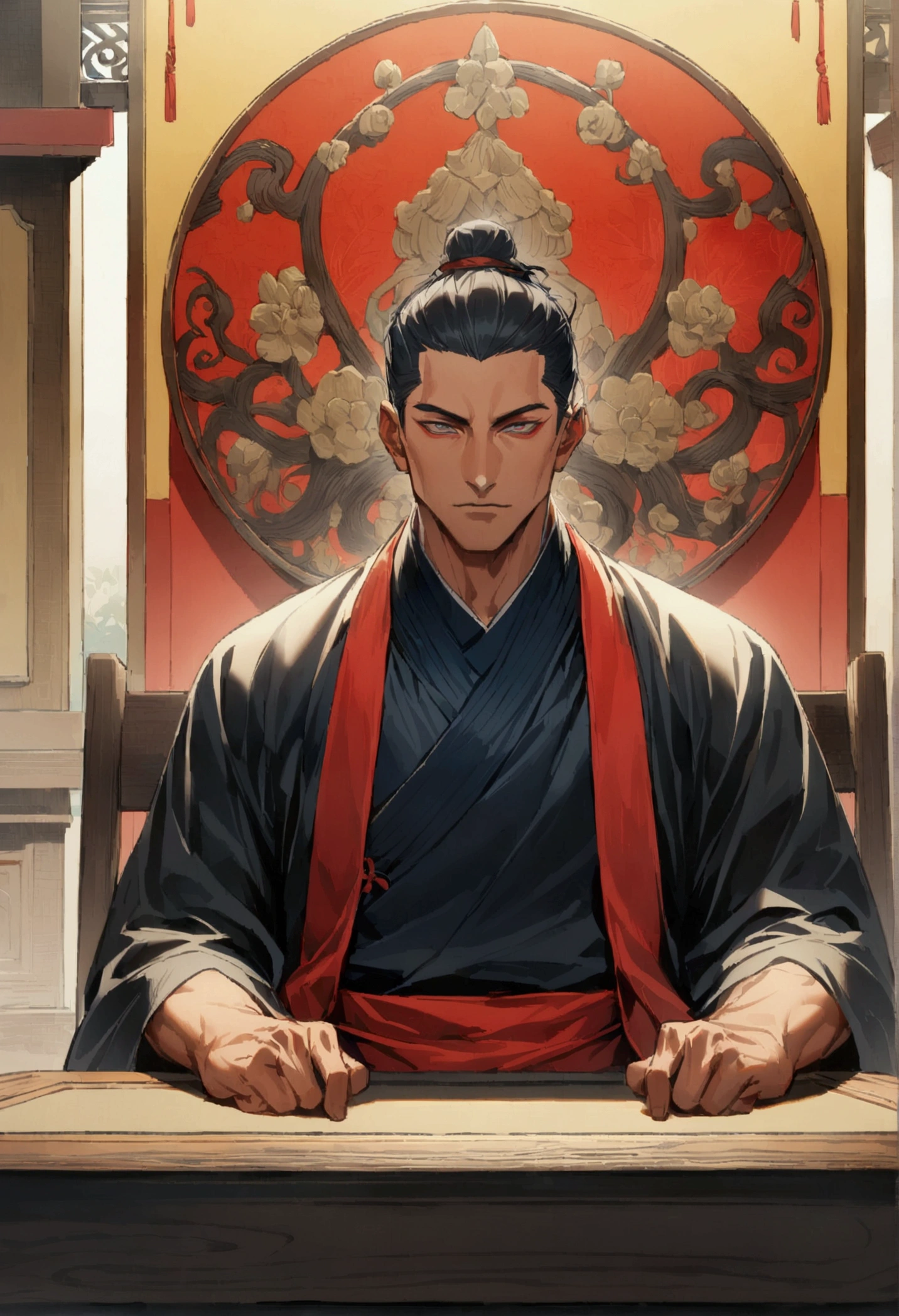 (1 guy,JUJUTSU KAİSEN), older looking man dark skin tone , curly black hair, wearing a red sash hiding his eyes wearing monk clothes,sitting in a chair and in front of a table, front viewer, work of art
