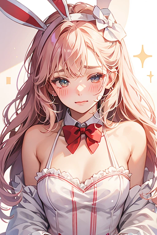 A white and red striped bunny with one squinting wink eye and blushed cheeks. She wears a white bow on her ears. SPARKLE; GLITTER