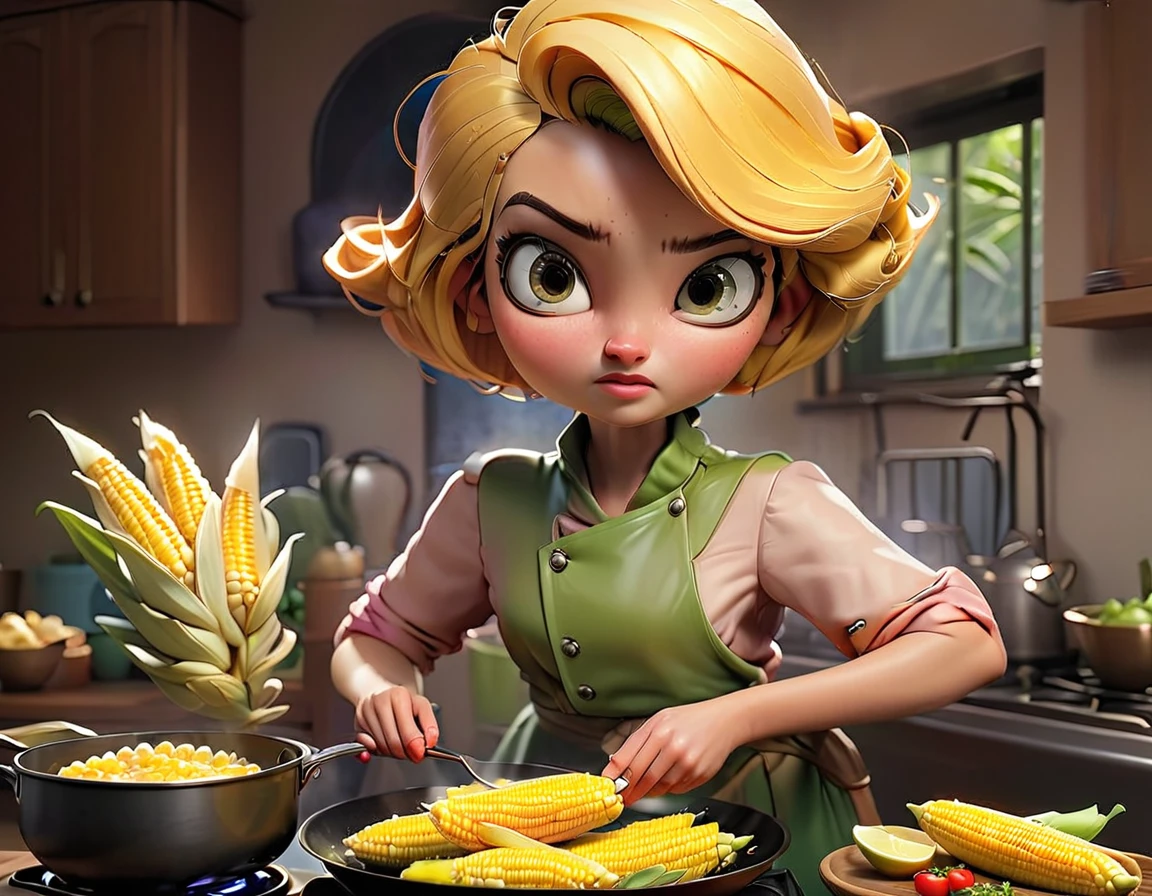 Short hair woman cooking corn