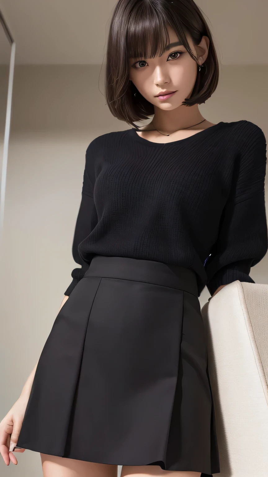 (Ultra-realistic), (figure), (High resolution), (8k), (Very detailed), (Best figure), (Beautiful and detailed), (Highest quality), (Super detailed), (masterpiece), (wallpaper), (Detailed face), alone, One Girl, watching viewer, Trendy clotheini skirt、Flip up the skirt、Lift your skirt yourself、Showing panties、Embarrassing、Fine details, Detailed face, In the Dark, Deep Shadow, Modest, Pure Erotic Face Ace_v1, cool, short hair, Pointed diagonal bangs,
