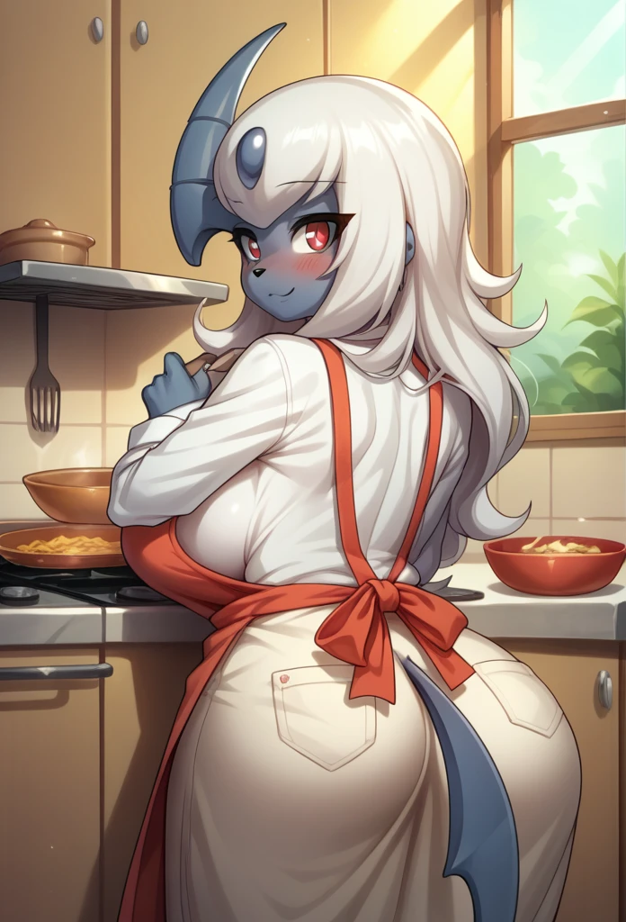 account_9, account_8_over, account_7_over, from the author: zinfyu Pokemon, cute, Absol, cartoon, cartoon effects, anthropo-fluffy female, big breasts, wide hips, in a red apron, in the kitchen, cooking, shy smile, blushing, Rear view.