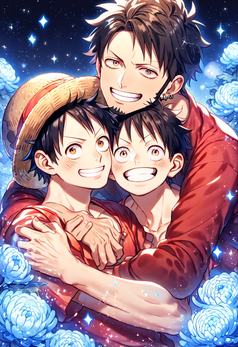 absurdres, highres, ultra detailed, HDR, master piece, best quality, extremely detailed, Trafalgar Law, black hair, expressive gray eyes, One Piece, Monkey D Luffy, black hair, expressive brown eyes, two sexy men together, yaoi, gay couple, handsome, handsome smile, red shirt, yellow sweeter, water, sparkling, blue glittering fireflies, blue moon, blue blossoms, blue chrysanthemums, blue sparkling lights, starry sky