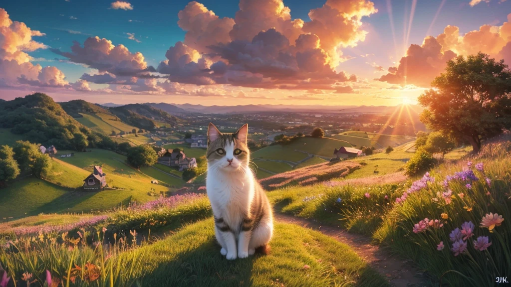 Cute cat on top of lush hill, anime art wallpaper 4k, anime art wallpaper 4 k, anime wallpaper 4 k, anime wallpaper 4k, anime art wallpaper 8 k, anime style 4 k, 4k anime wallpaper, Makoto Shinkai Cyril Rolland, Watching the sunset. anime, Gweiz-style artwork