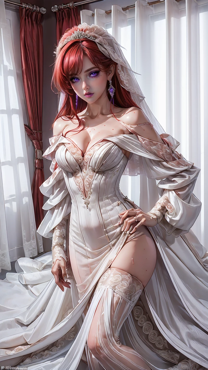 Character Details:, - Gender: 1 Girl.
- Style: Anime, - Body Type: Attractive body, slim body, nice legs, slim tights, nice arms, nice shoulders. - Breast: ((Small Breast:1,5)), Cleavage.
- Facial Feature: Beautiful, Gorgeous, ager, Fresh, Young.
- Expression: Shy, Smile, Horny, Pink Blush on Face, Sexy Eyes, Sexy Look, (Sweating:1.4), Innocent Look, Tipsy. - Hairstyle: Blunt Bangs, Long Hair. - Hair Color: red Hair.
- Clothing: ((Majestic Wedding Dress:1.6)), (off-shoulder:1.6), (Stocking:1.4). - Body Pose: (Kneel). - Behaviour: Waiting, Want Something, Secretly.
- Accessories: Earrings., Environmental Details:, - Setting: Bed Room., - Lighting: Natural Light., - Decoration: Modern Bed, Desk, Chair, Window, ((White Curtains:1.6)), City View. Top view. pov, anime style, UHD, retina, masterpiece, accurate, anatomically correct, textured. ((nsfw))