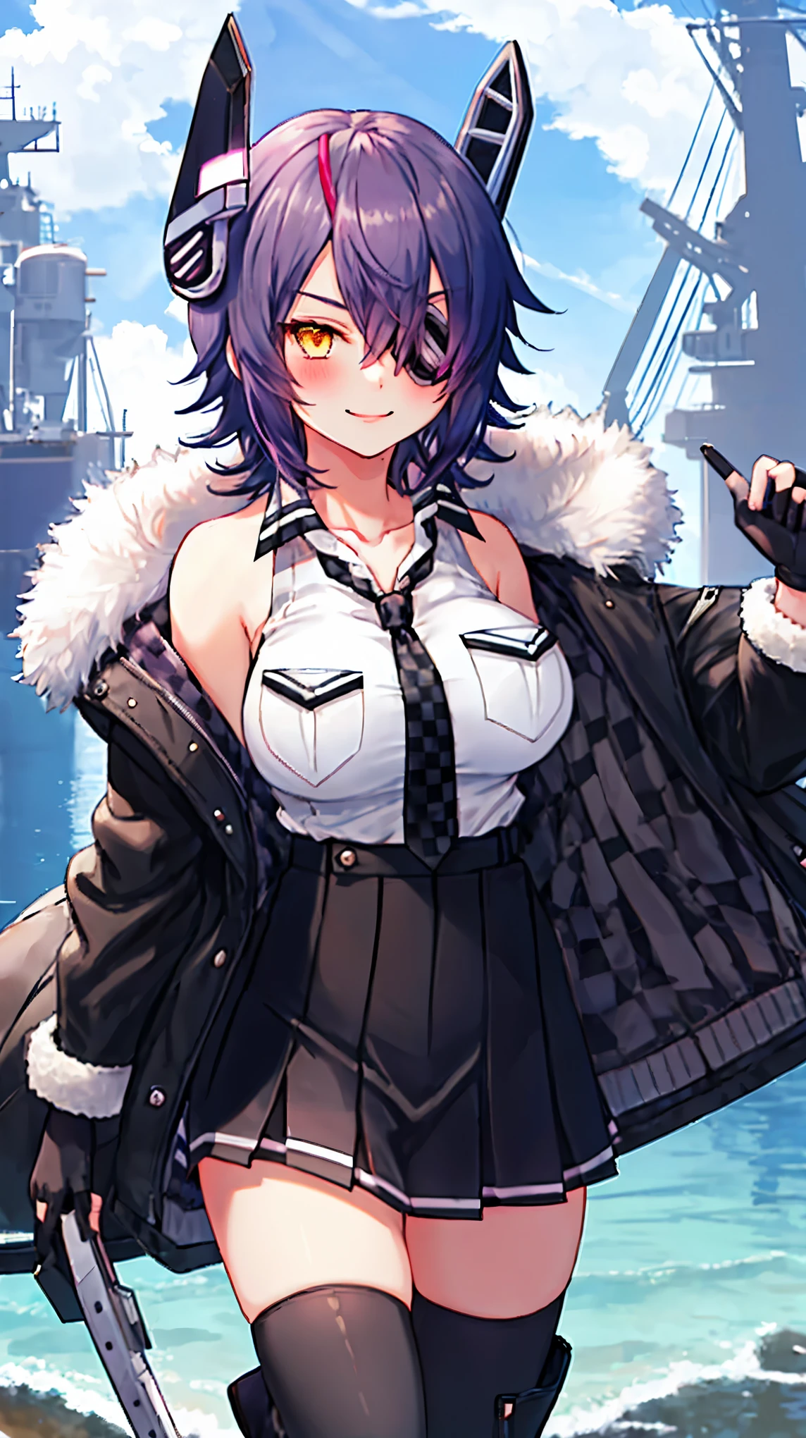 best quality, masterpiece, solo, {tenryuu_kantaicollection:1.15}, teen_girl, eyepatch, short_hair, purple_hair, yellow_eyes, headgear, breasts, necktie, large_breasts, smile, 1girl, blush, checkered_necktie, hair_over_one_eye, shirt, collared_shirt, white_shirt, jacket, sleeveless, brown_eyes, fur-trimmed_jacket, fur_trim, collarbone, looking_at_viewer, pocket, breast_pocket, ,, messy_hair, black_gloves, gloves, partially_fingerless_gloves,harbor_road_landscape_background,outdoor,short_skirt,thigh-highs,boots,sunlight,from_below