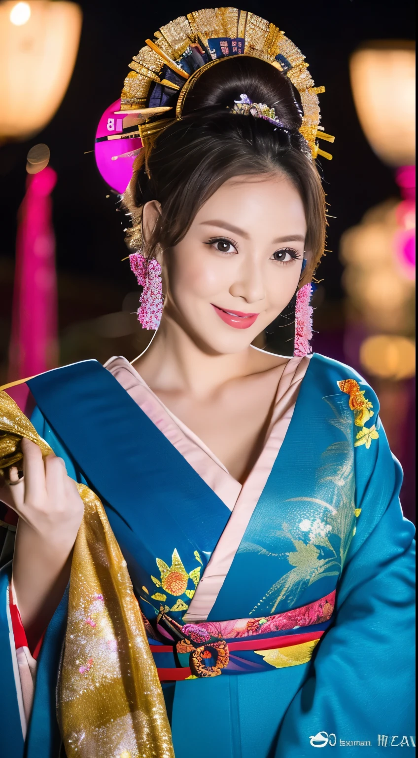 ((masterpiece(:1.4),Highest quality,Ultra-high resolution,Highest quality,8k,Extremely detailed,In detail))。whole body,night,Fireworks display,Japanese,A beautiful woman,Big Breasts,sexy,glamorous,Oiran,Oiranメイク,Long-sleeved kimono,Hair tying,hairpin,hair ornaments,geta,Emphasize the chest,Shoulder,Gorgeous and luxurious,(Fireworks displayのnightに河川敷で花火を背景にしたスナップ写真),
