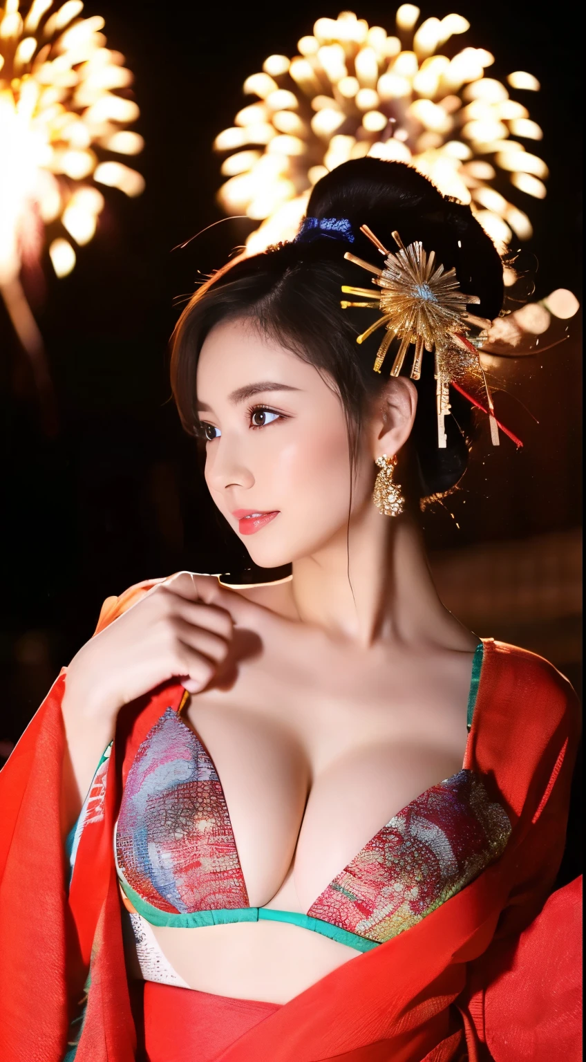 ((masterpiece(:1.4)，Highest quality，Ultra-high resolution，Highest quality，8k，Extremely detailed，In detail))。whole body，night，Fireworks display，Japanese，A beautiful woman，Big Breasts，sexy，glamorous，Oiran，Oiranメイク，Long-sleeved kimono，Hair tying，hairpin，hair ornaments，geta，Emphasize the chest，Shoulder，Gorgeous and luxurious，(Fireworks displayのnightに河川敷で花火を背景にしたスナップ写真)，