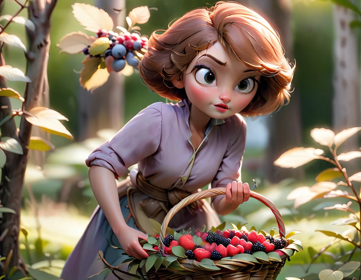 Short hair woman picking berries in basket