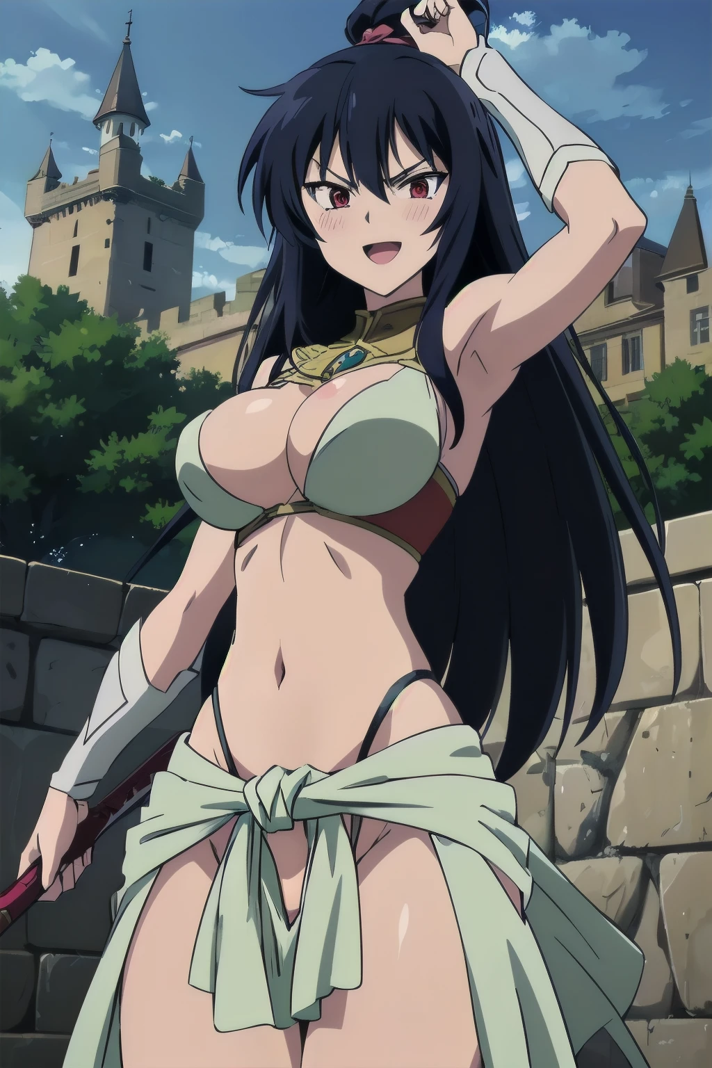 ABI_HIME, 1GIRL, SOLO, LONG HAIR, BLACK HAIR, RED EYES, 1girl, solo, smile, blush, lipstick, long hair, crazy eyes ,Hot girl, baddie, staring, glaring, bad attitude, mean girl, crazy, sensual, attractive, masterpiece, best quality, highly detailed, fantasy , a anime girls in armored dress holding a sword
posing for a picture, evil smile, smile, open mouth, breastplate with open cleavage, cleavage, warrior
outfit, ecchi anime style, anime girls, ecchi style, (nsfw) not safe for work, ecchi, digital anime art!!, in
anime style, official artwork, visual novel cg, beautiful anime girl, anime style 4 k , loincloth, exposed
belly, exposed navel, exposed midriff, exposed lower belly, pencil skirt armored, castle,inside castle