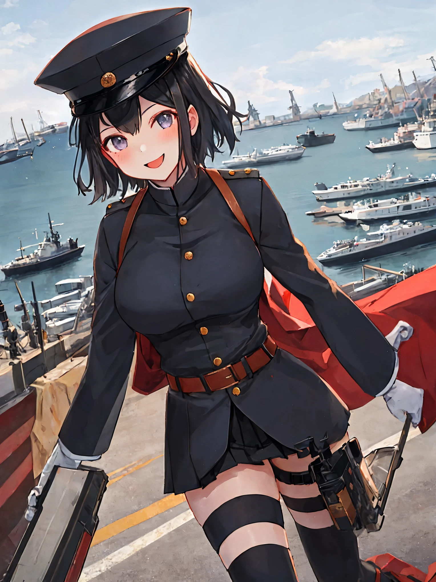 best quality, masterpiece, solo, {akitsu_maru_kantaicollection:1.15}, black_hair, short_hair, hat, peaked_cap, black_eyes, military, big_breasts, 1girl, black_headwear, looking_at_viewer,black_ military_uniform, uniform, military_hat, in_front_harbor_town_landscape_background, smile,(plump:0.7),,black_thigh-highs,joylight_open_mouth,white_skin
