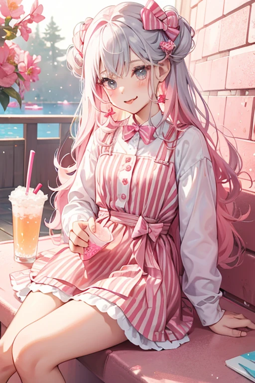 A pink girl bear Num with a squinting eye and her tongue sticking out. She has cherry slushie with a tint of pink on her head and it is making her ears, and sticking out of the corner is a white and silver striped straw attached to a coral colored bow. SPARKLE; GLITTER