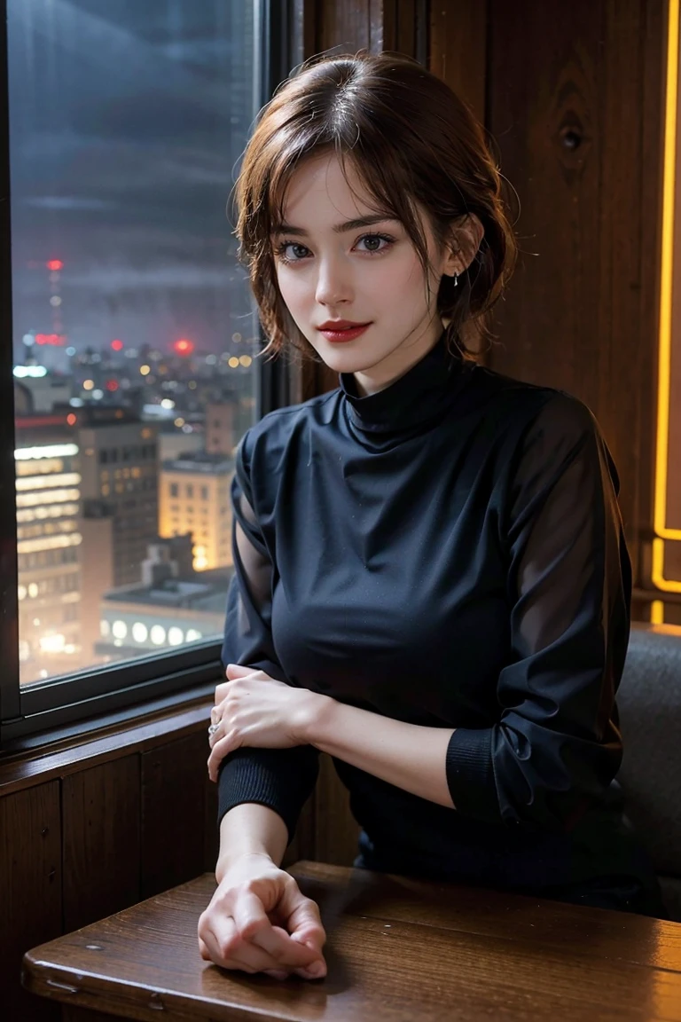 (Preserve face images)、Golden Ratio、Maintain face image、height: 170cm, 30 years old、Pale face and eyes:1.3、Very narrow face and eyes:1.3, (Swollen eyes:1.5)、{Highest quality}, {{masterpiece}}, {Very delicate and beautiful}, Excellent light and shadow, Highly detailed wallpaper, clear 、1 girl, blush, Short Bob Hair,( The attire in the image features the following elements、(whole body)

 BREAK 、（Background、Night city scene。What you can see through the window、Illuminated buildings and neon signs、A misty view of the city。In a corner of a restaurant or cafe、The room is warmly lit、There is a wooden table and a red-brown sofa.。The city&#39;s night view spreads out outside the window、 creates a quiet night atmosphere.）、Supermodel legs、High heels )、 Delicate hair, (Realistic skin texture:1.3), Saggy breasts, Cleavage、 noticeable wrinkles on the skin., B Cup, Broad shoulders, (((Dynamic model posing))), necklace、ring、earrings、smile, Photorealistic, Dynamic Lighting, Art Station, posters, detailed face, 4K, Awards, 1 girl, In the Dark, Deep Shadow, Inconspicuous、Background、Light light brown hair、Black tank top、Wearing jeans、profile、I&#39;m on a crowded train、Looking out the window
