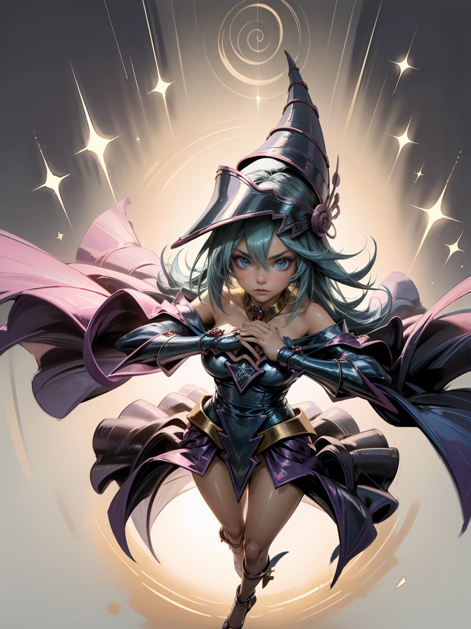 (masterpiece:1.2), (The best quality:1.2), perfect lighting, Dark Magician Girl casting a spell, in battle. floating in the air, visible medium tits, transparent neckline, blue robe, big hat, from above, Sparkles, Yugioh game, The magic of the heart. LIGHTS OF THE HEART, romantic heart. She wears heels. has heels. Wear heels 