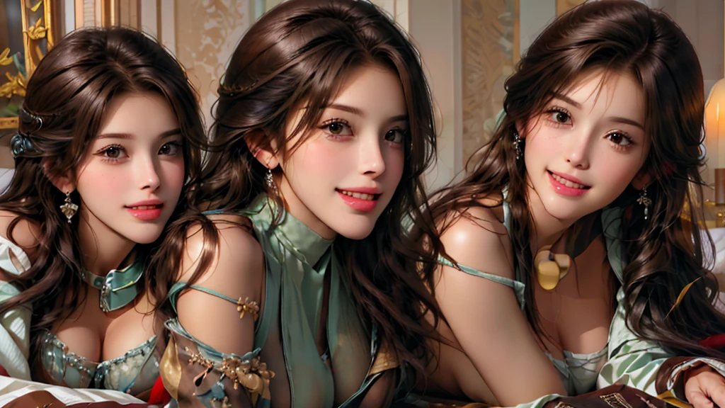 (masterpiece, Best Quality:1.3), (ultra detailed:1.2), (hyperrealist:1.3), (raw photo:1.2),RAW color photo with high detail, Professional photography, (Photorealist:1.4), (realist:1.4), ,Professional lighting, (americana), beautiful face, (realist face), 2 pretty women, (2 women, side by side, head on, breasts together), (Brown hair, big tits:1.7), (happy smile:1.35), trend hair&trend hairカラーをランダムに, earrings, collar, bracelet, sexually, erotic sexually, Random sexy gravure poses, (sexy women only savanna, no bra only mini thong, beautiful ass。With a seductive smile in a dimly lit candlelit room、Lying on the bed。: 1.3) (very large mirror reflects in the background)