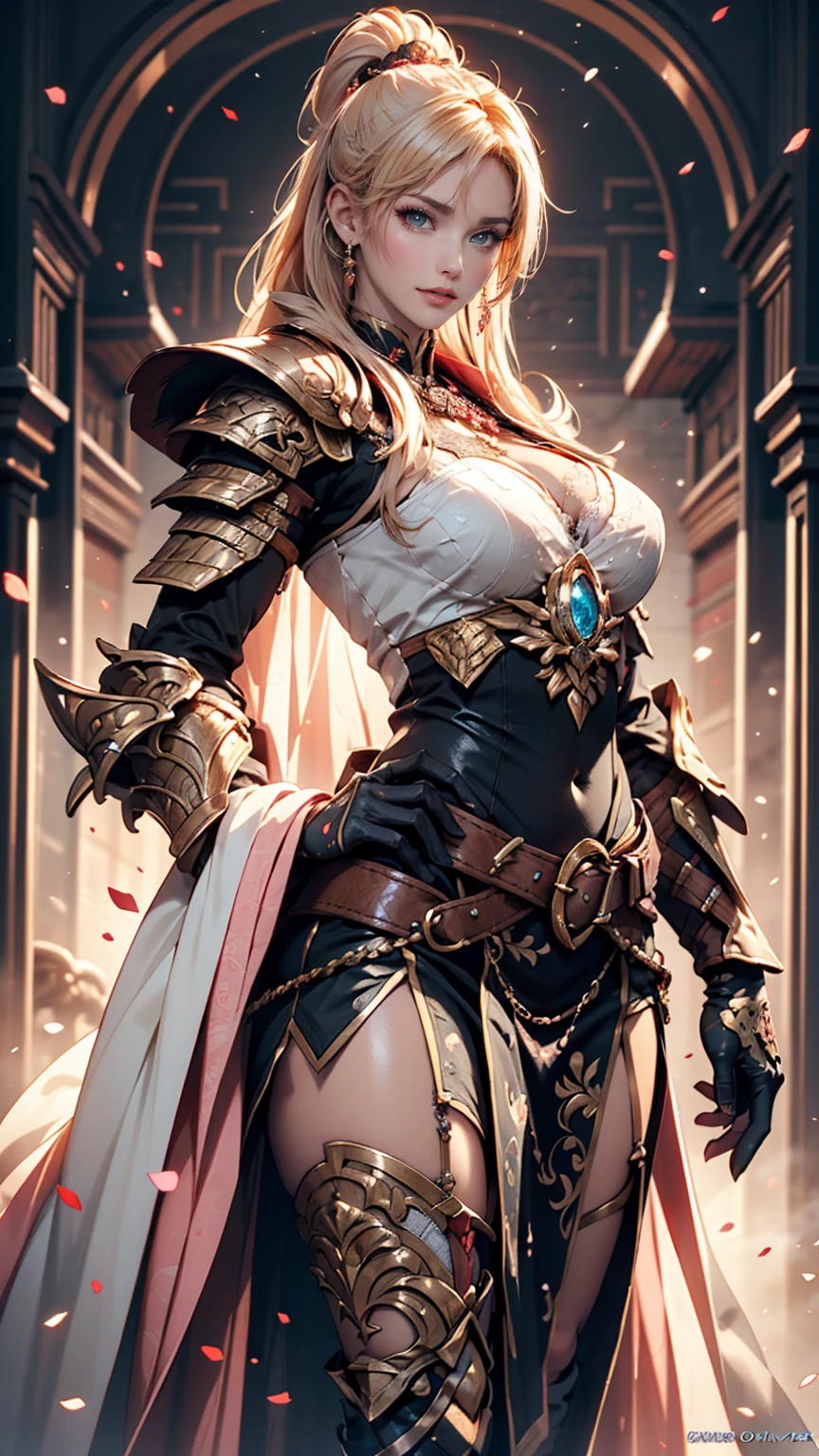 Sexy woman in white gold and pink lotus lace armor skirt, Chengwei Pan at Art Station, Jan J, Detailed fantasy art, Amazing character art, Fan Art Best Art Station, Magnificent and elaborate character art, Beautiful Armor, Highly detailed art gems, Detailed digital anime art, Art Station pixiv's artgerm, Girl in Armor, Cleavage Big Tits:1.2, (mini skirt:1,5)、Sexy proportions、Cleavage Emphasis、Emphasizing the beauty of your legs、