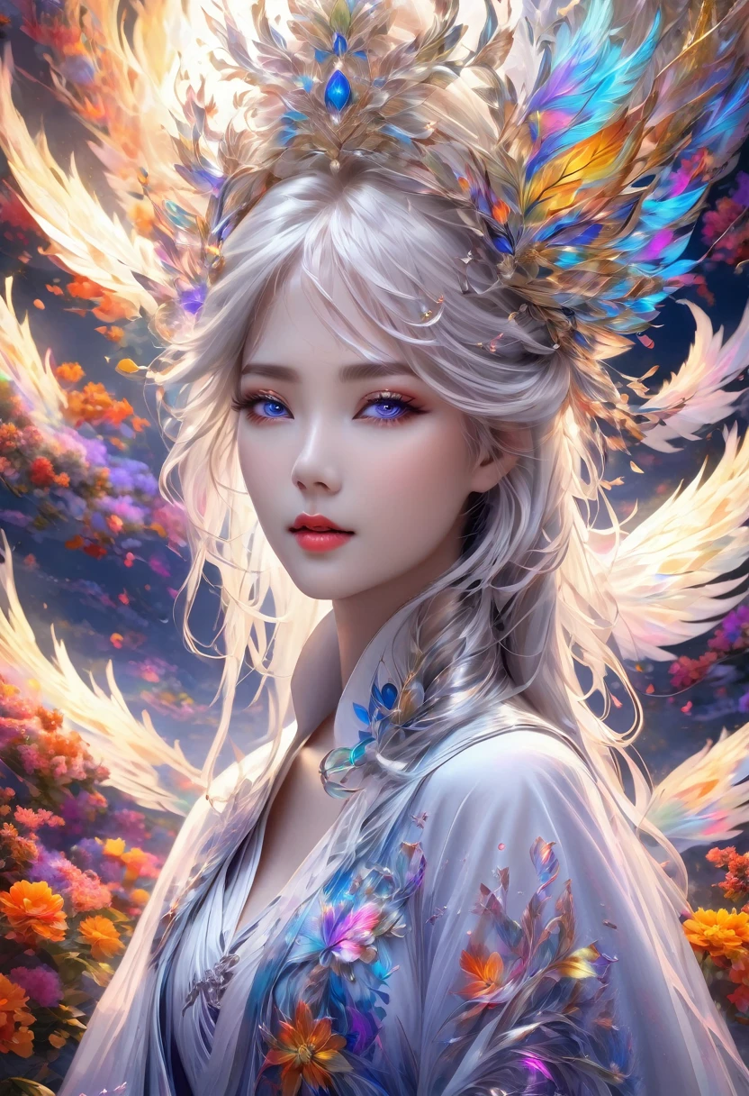 A masterpiece, high resolution, fractal art, Chinese costume, colorful flowers, one beautiful girl, white hair, very delicate and detailed art, fluttering costume like a heavenly maiden