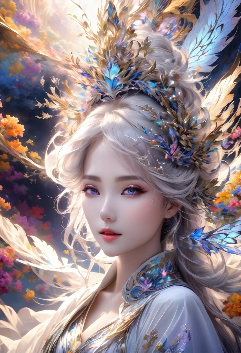 A masterpiece, high resolution, fractal art, Chinese costume, colorful flowers, one beautiful girl, white hair, very delicate and detailed art, fluttering costume like a heavenly maiden