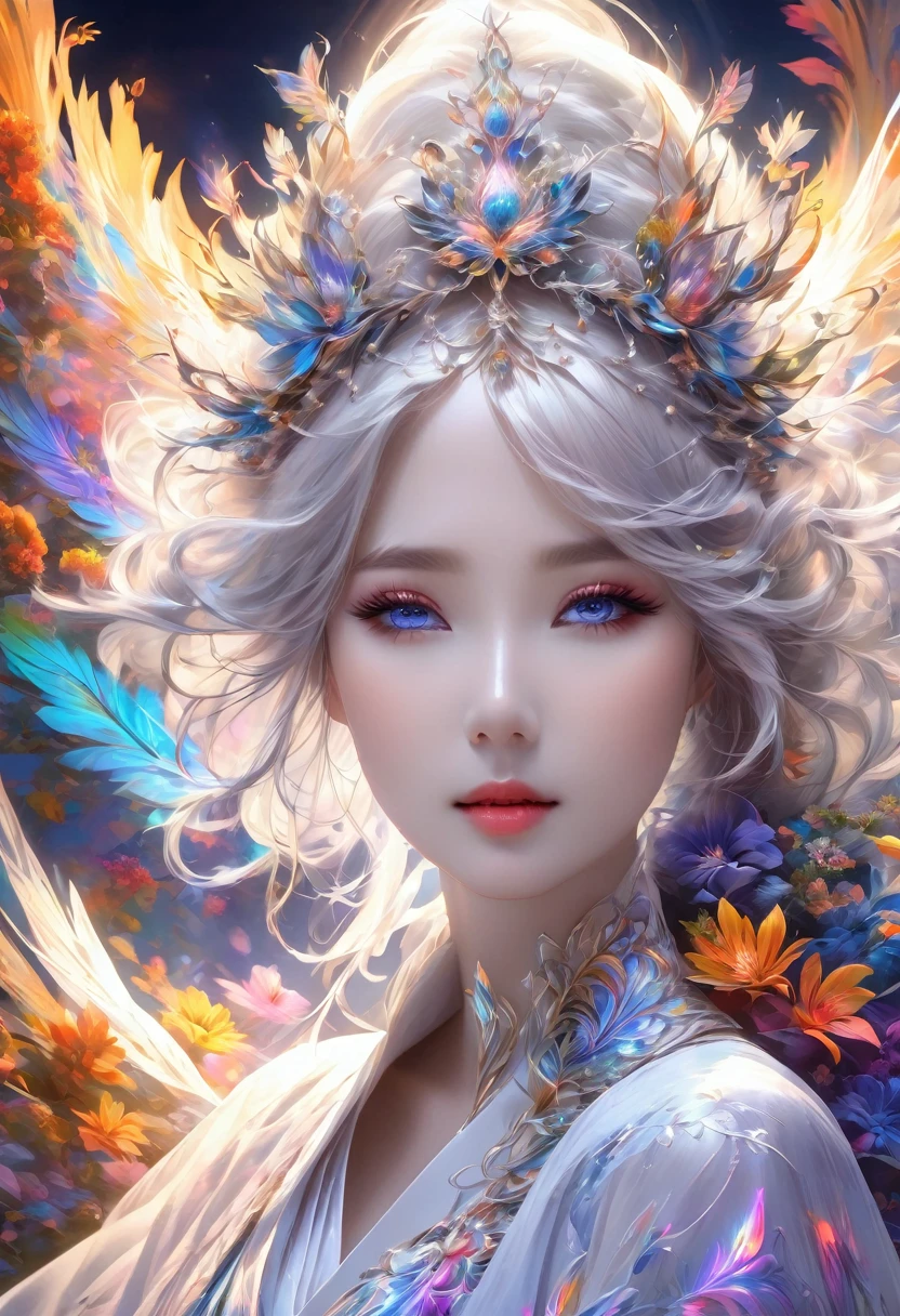 A masterpiece, high resolution, fractal art, Chinese costume, colorful flowers, one beautiful girl, white hair, very delicate and detailed art, fluttering costume like a heavenly maiden