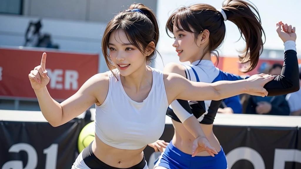 A 20-year-old woman is running, Sports Truck,Soft lighting, head band,Perfect Face,smile,Perfect figure, Ponytail hairstyle, Sporting goods,Spandex mini skirt,Huge breasts,Narrow shoulders, Wide Hips