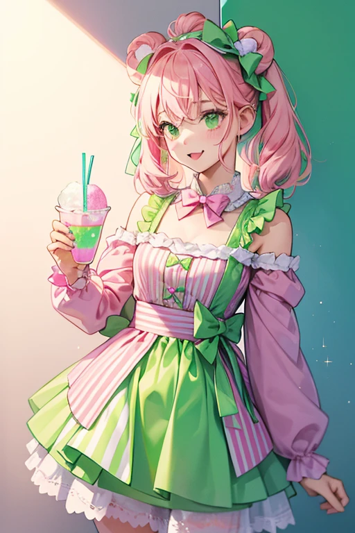 A light green girl bear with a squinting eye and her tongue sticking out. She has pink and violet gredient slushie on her head and making her ears, and sticking out of the corner is a white and light green striped straw attached to a pale pink bow. SPARKLE; GLITTER