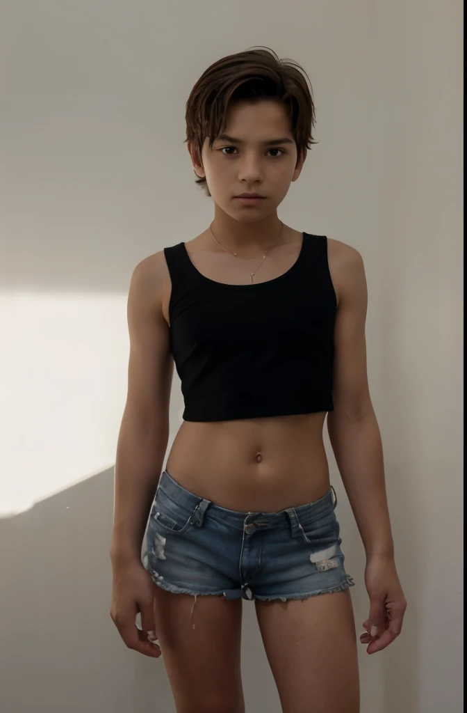  boy 10 yy wears a crop shirt and too very short mini shorts, beautiful legs, hot summer, highest quality, handcuffed ، scared