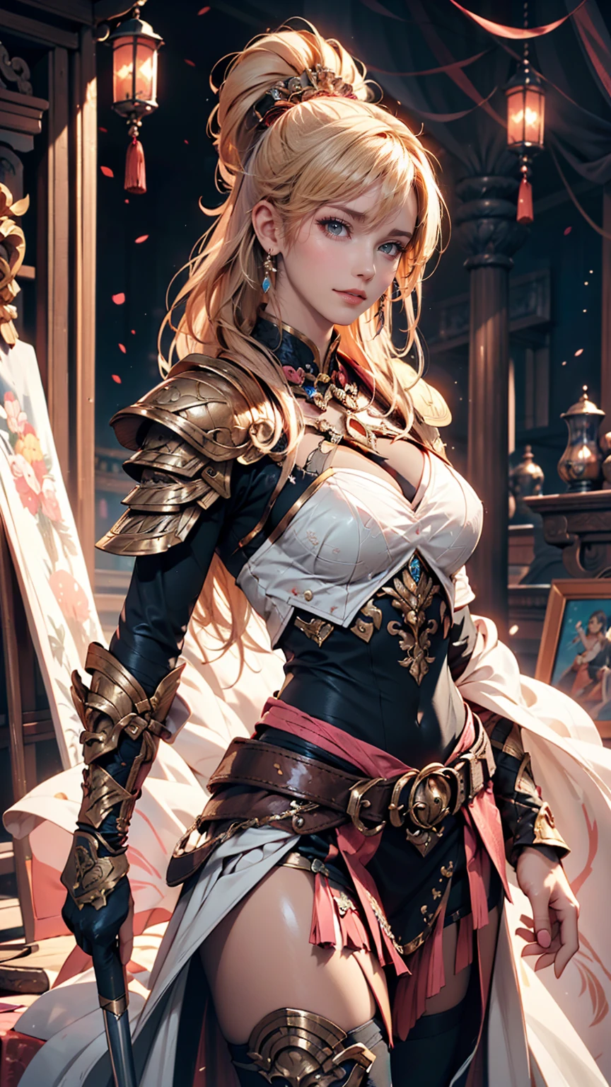 Sexy woman in white gold and pink lotus lace armor skirt, Chengwei Pan at Art Station, Jan J, Detailed fantasy art, Amazing character art, Fan Art Best Art Station, Magnificent and elaborate character art, Beautiful Armor, Highly detailed art gems, Detailed digital anime art, Art Station pixiv's artgerm, Girl in Armor, Cleavage Big Tits:1.2, (mini skirt:1,5)、Sexy proportions、Cleavage Emphasis、Emphasizing the beauty of your legs、