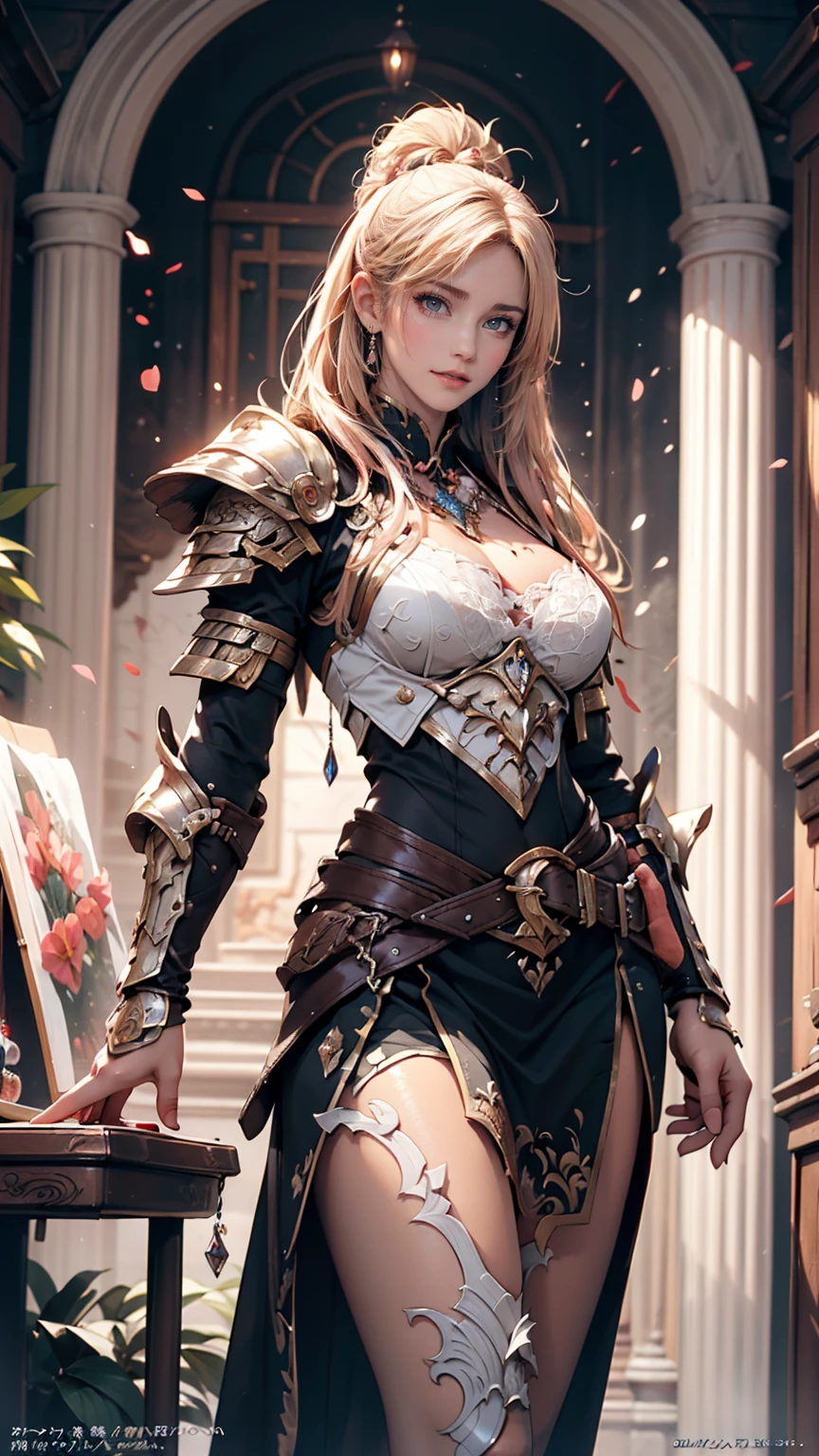 Sexy woman in white gold and pink lotus lace armor skirt, Chengwei Pan at Art Station, Jan J, Detailed fantasy art, Amazing character art, Fan Art Best Art Station, Magnificent and elaborate character art, Beautiful Armor, Highly detailed art gems, Detailed digital anime art, Art Station pixiv&#39;s artgerm, Girl in Armor, Cleavage Big Tits:1.2, (mini skirt:1,5)、Sexy proportions、Cleavage Emphasis、Emphasizing the beauty of your legs、