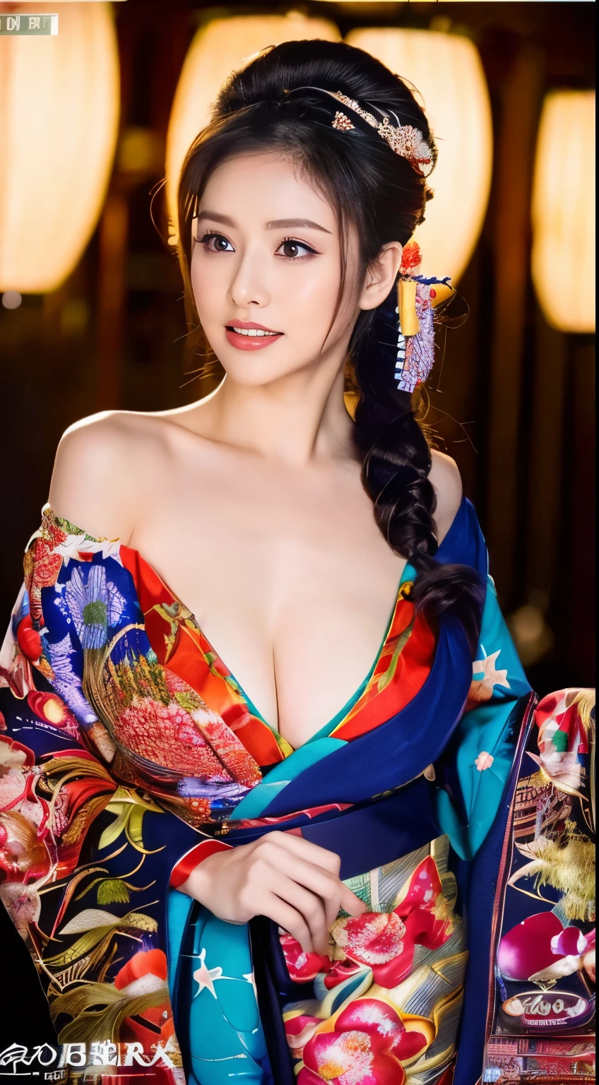 ((masterpiece(:1.4),Highest quality,Ultra-high resolution,Highest quality,8k,Extremely detailed,In detail))。whole body,night,Fireworks display,Japanese,A beautiful woman,Big Breasts,sexy,glamorous,Oiran,Oiranメイク,Long-sleeved kimono,Hair tying,hairpin,hair ornaments,geta,Emphasize the chest,Shoulder,Gorgeous and luxurious,(Fireworks displayのnightに河川敷で花火を背景にしたスナップ写真),