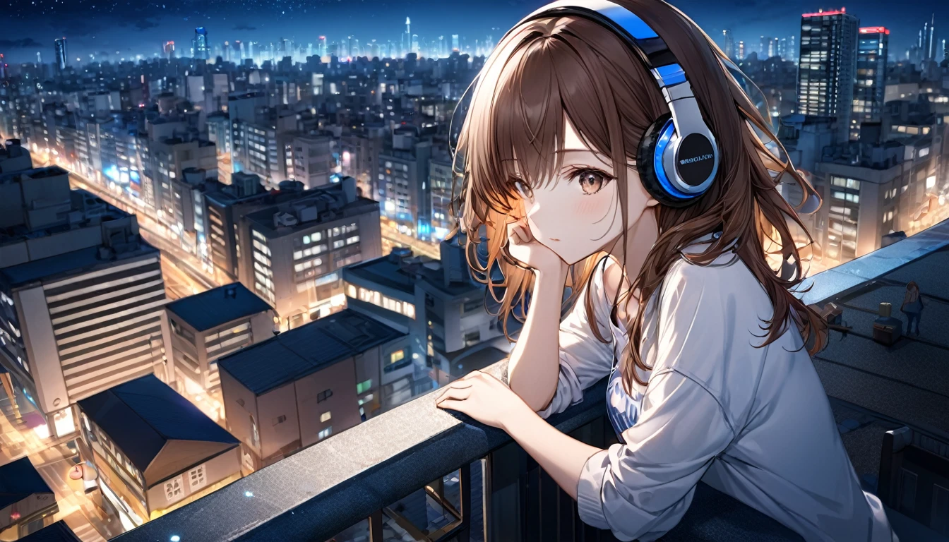 Brown-haired girl wearing headphones、Urban Silence - Highly detailed、masterpiece, Highest quality, Bright - Night city background、Quiet look、Casual clothing、Gazing at the night view from the rooftop of a building
(Detailed fingers), (Emotional), (Breathtakingly beautiful), (main part:1.2 Whole body), (Anime Style), (Very detailed), (超High resolution, High resolution), (8k), (Complex and beautiful: 1.2)
