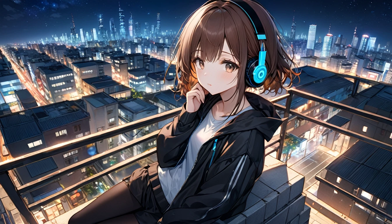 Brown-haired girl wearing headphones、Urban Silence - Highly detailed、masterpiece, Highest quality, Bright - Night city background、Quiet look、Casual clothing、Gazing at the night view from the rooftop of a building
(Detailed fingers), (Emotional), (Breathtakingly beautiful), (main part:1.2 Whole body), (Anime Style), (Very detailed), (超High resolution, High resolution), (8k), (Complex and beautiful: 1.2)
