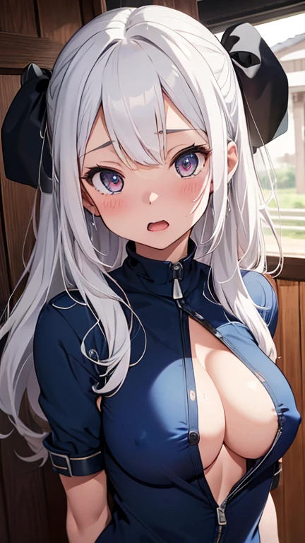 mastute piece,Best Quality,insanely detailed,8k cg,nsfw,
(shoot upper body:1.3),
(1girls:1.3),standing,looking at viewr,body in front,both arms behind back,(blue-jodhpur:1.3),riding outfit、(bare :1.2),(bare nipplesBREAK,
blush,shy,(ecstasy face),ing:1.2),BREAK,(light white hair:1.3),
BREAK,
perfect breasts,perfect teatsmouth:0.9),(large breasts:1.2),
(horse-riding-questrian Club、