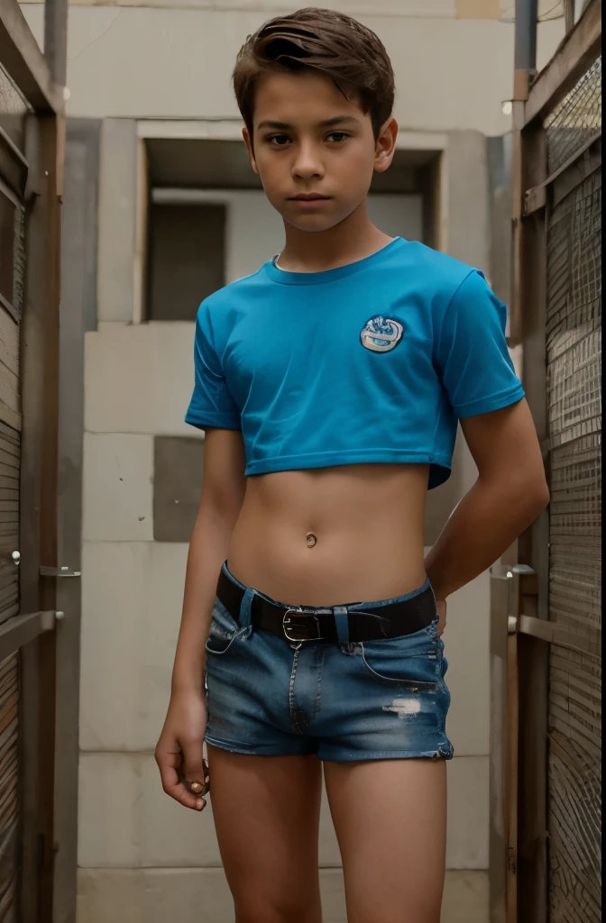 boy 10 yy wears a crop shirt and too very short mini shorts, beautiful legs, hot summer, highest quality, handcuffed ، scared