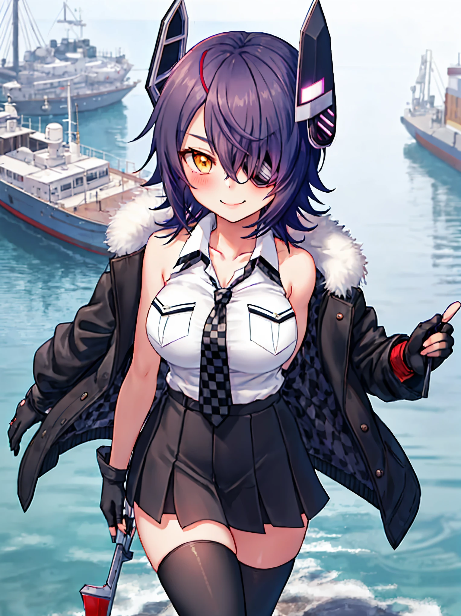 best quality, masterpiece, solo, {tenryuu_kantaicollection:1.15}, teen_girl, eyepatch, short_hair, purple_hair, yellow_eyes, headgear, breasts, necktie, large_breasts, smile, 1girl, blush, checkered_necktie, hair_over_one_eye, shirt, collared_shirt, white_shirt, jacket, sleeveless, brown_eyes, fur-trimmed_jacket, fur_trim, collarbone, looking_at_viewer, pocket, breast_pocket, ,, messy_hair, black_gloves, gloves, partially_fingerless_gloves,harbor_road_landscape_background,outdoor,short_skirt,thigh-highs,boots,sunlight,from_below