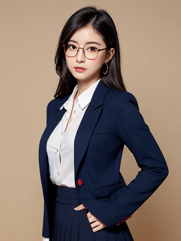 Black Hair, Brown eyes, Delicate makeup, Medium chest, Sexy Costumes, Simple Background, Glasses、whole body、No underwear、whole bodyを見せる、(Wearing a navy blue blazer、Wearing a white blouse、Wearing a red ふlared skirt)



