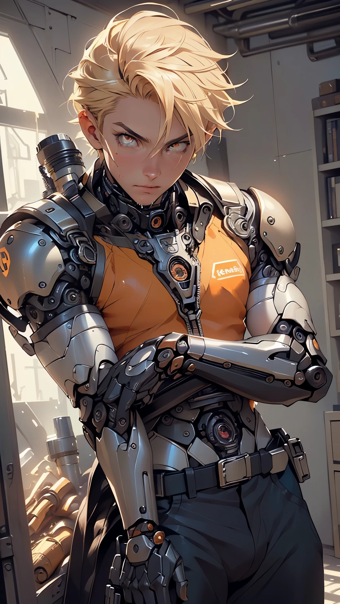 (man:1.5),1 man,archer man,(((1man))),((man with blonde short hair)),
(((1male,man:1.5,handsome man,male,male gender:1.5,male focus))),macho man,hero,
((messy hair,blonde short haircut,detailed blonde hair,highly detailed hair,blonde hair,colored inner hair)),(((lustrous skin:1.5,tanned skin,bright skin: 1.5,skin tanned,shiny skin,very shiny skin,shiny body,illuminated skin))),(((orange_eyes:1.2))),intricate eyes,beautiful detailed eyes,symmetrical eyes,((man chest)),handsome face,((muscular)),male jaw,((detailed face)),
manly,nsfw,
steampunk firefighter, ((mechanical arms:1.5, bionic arms:1.5)), steampunk firefighter uniform,((bulge in pants)),((uniform in black and orange colors)),((wet clothes,intricate outfit,intricate clothes,intricate uniform)),
(dynamic pose:1.0),solo focus,((heroic attitude)),(centered,scale to fit dimensions,Rule of thirds),
inside,indoor,((cozy steampunk room)),scenery:1.25,((intricate scenery)),((steampunk decorations)),
(Glossy steampunk ornaments),highres,sharp focus,(ultra detailed,extremely detailed),(photorealistic artwork:1.37),(extremely detailed CG unity 8k wallpaper),(((vibrant colors,vibrant theme))),(intricate),(masterpiece),(best quality),artistic photography,(photography taken by sldr),(intricate background),perfect rendered face,perfect face details,realistic face,photo realistic,((intricate detail)),(((realism))),