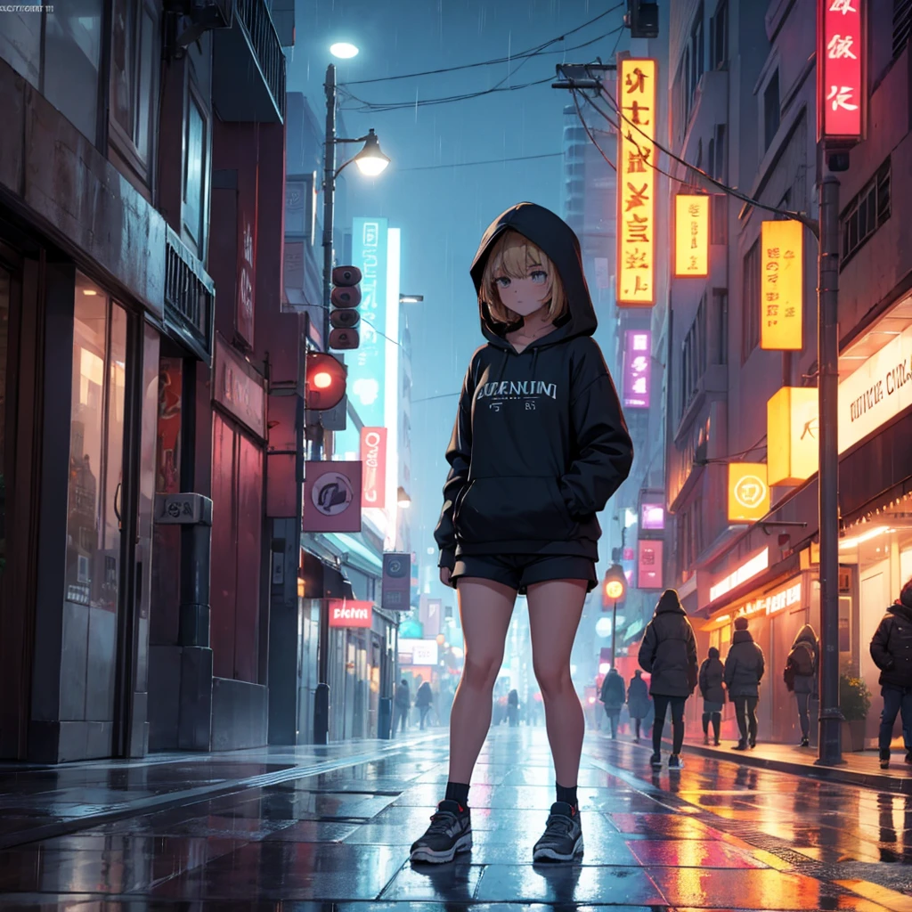 Girl in a hoodie and shorts walking through a big city at night, raining