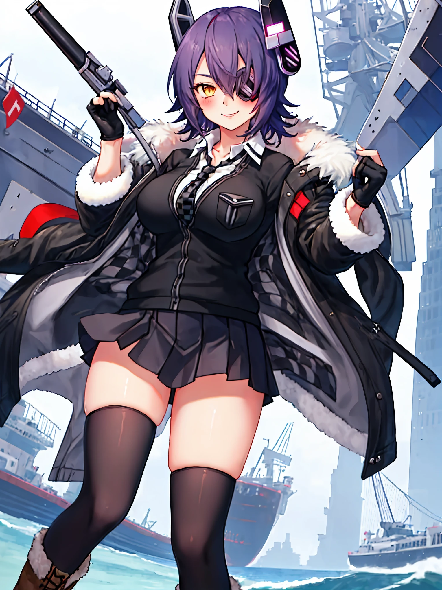 best quality, masterpiece, solo, {tenryuu_kantaicollection:1.15}, teen_girl, eyepatch, short_hair, purple_hair, yellow_eyes, headgear, breasts, necktie, large_breasts, smile, 1girl, blush, checkered_necktie, hair_over_one_eye, shirt, collared_shirt, white_shirt, jacket, sleeveless, brown_eyes, fur-trimmed_jacket, fur_trim, collarbone, looking_at_viewer, pocket, breast_pocket, ,, messy_hair, black_gloves, gloves, partially_fingerless_gloves,harbor_road_landscape_background,outdoor,short_skirt,thigh-highs,boots,sunlight,from_below