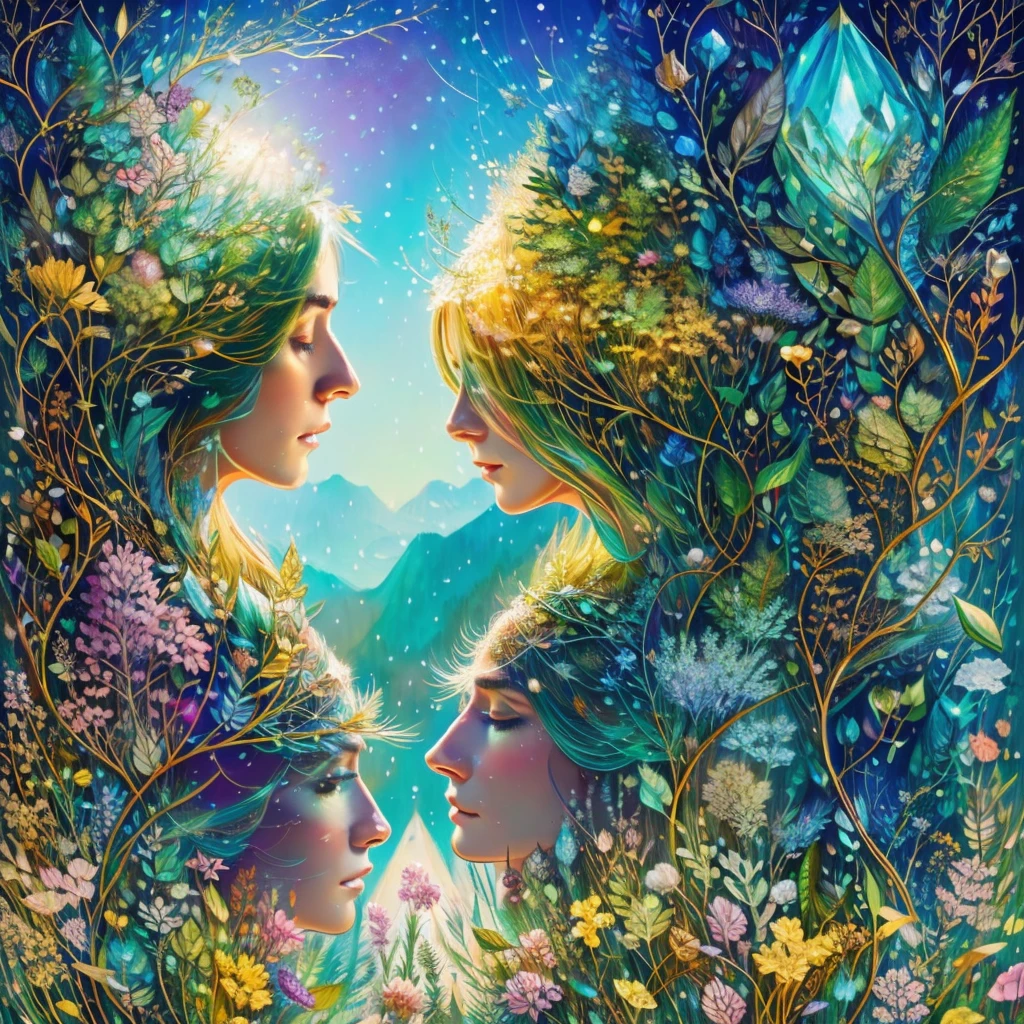 Double exposure portrait artwork inspired by manhwa. It depicts a couple in love embodying winter and spring, exploring a fantastical landscape divided between their seasonal realms. The portrait showcases their journey across contrasting terrains, superimposed over their intertwined silhouettes. The fantasy-themed piece is densely populated with rich, seasonal visuals and holds an aspect of temporal duality. The winter figure traverses snow-capped mountains and crystalline forests, while the spring counterpart wanders through blooming meadows and verdant glades. The texture of the painting and the ethereal quality of the brushwork enhance the enigmatic ambiance of their seasonal coexistence. The piece has a grainy texture and features vibrant, complementary colors