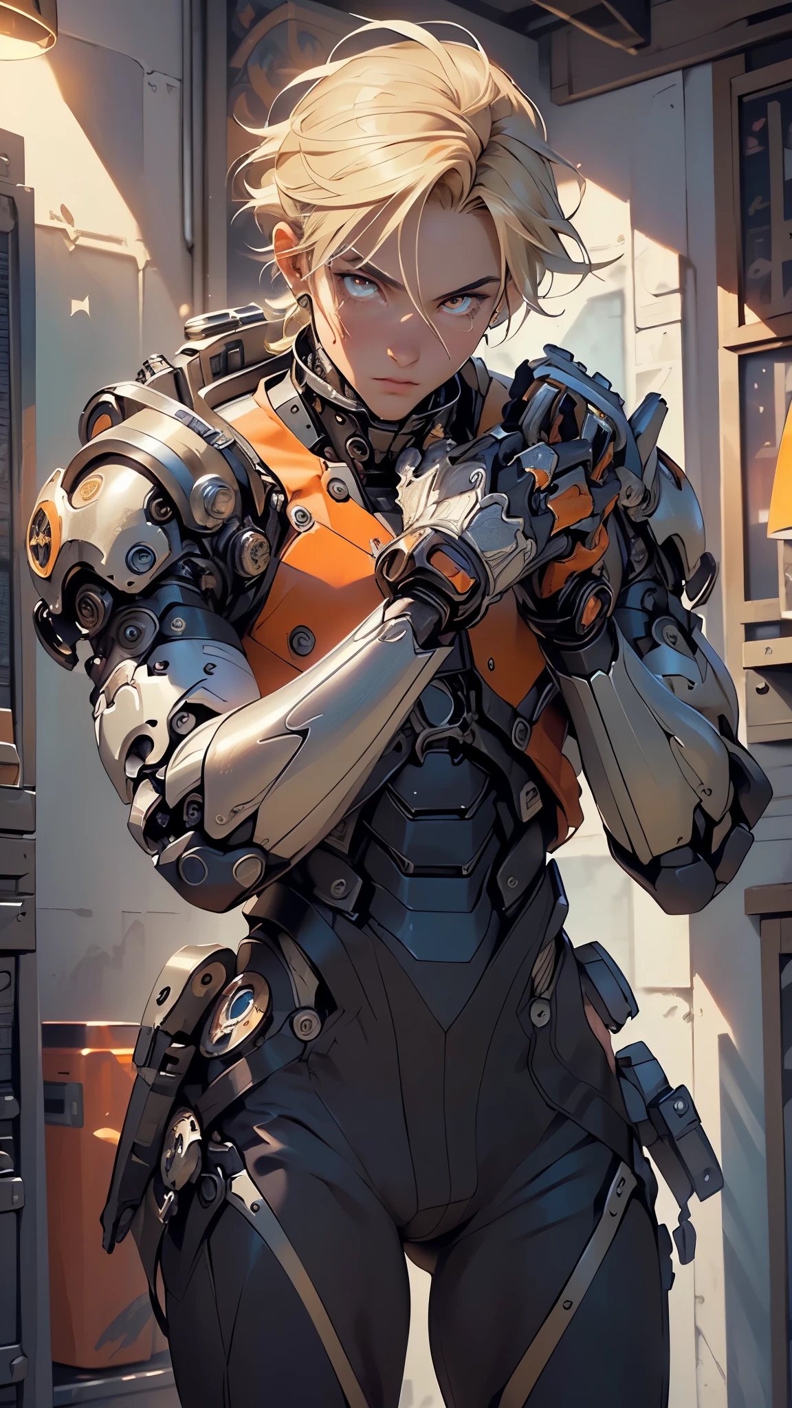(man:1.5),1 man,archer man,(((1man))),((man with blonde short hair)),

(((1male,man:1.5,handsome man,male,male gender:1.5,male focus))),macho man,hero,

((messy hair,blonde short haircut,detailed blonde hair,highly detailed hair,blonde hair,colored inner hair)),(((lustrous skin:1.5,tanned skin,bright skin: 1.5,skin tanned,shiny skin,very shiny skin,shiny body,illuminated skin))),(((orange_eyes:1.2))),intricate eyes,beautiful detailed eyes,symmetrical eyes,((man chest)),handsome face,((muscular)),male jaw,((detailed face)),

manly,nsfw,

steampunk firefighter, ((mechanical arms:1.5, bionic arms:1.5)), steampunk firefighter uniform,((bulge in pants)),((uniform in black and orange colors)),((wet clothes,intricate outfit,intricate clothes,intricate uniform)),

(dynamic pose:1.0),solo focus,((heroic attitude)),(centered,scale to fit dimensions,Rule of thirds),

inside,indoor,((cozy steampunk room)),scenery:1.25,((intricate scenery)),((steampunk decorations)),

(Glossy steampunk ornaments),highres,sharp focus,(ultra detailed,extremely detailed),(photorealistic artwork:1.37),(extremely detailed CG unity 8k wallpaper),(((vibrant colors,vibrant theme))),(intricate),(masterpiece),(best quality),artistic photography,(photography taken by sldr),(intricate background),perfect rendered face,perfect face details,realistic face,photo realistic,((intricate detail)),(((realism))),
