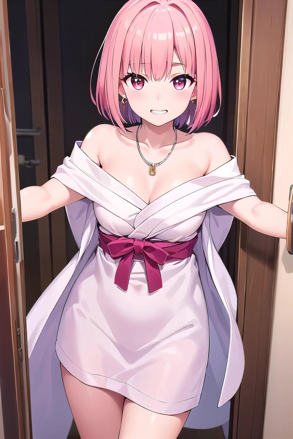 High resolution, real skin、big earrings、necklace、cowboy shot、off shoulder、((very close))、((Viewers are welcomed with open arms.))、grin、shy、embarrassing、Japanese style room、slender body、slender body、medium breasts、delicate body、pink hair, short bob hair、ribbon、