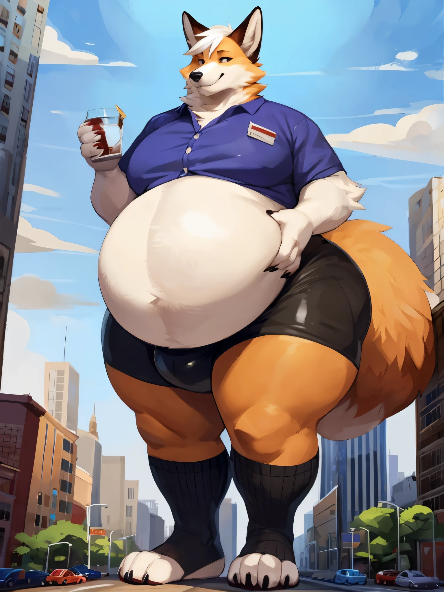 4k ultra quality, 4k half body view,ultra high detailed body,feral fox,black fur,white hair, big belly, (round belly), hyper belly, enormous belly, enormous body,by mystikfox61, by glitter trap boy, by bebebebebe,by morethreedee, by seibear,(thick thigh),(chubby thigh),thicc thigh,thick legs,chubby legs,thicc legs,enomorous thigh,massive thigh,massive legs,(detailed thigh),(wide thigh),thick butt,fluffy belly,furry belly,sharp nails,(((sfw))),(detailed face),detailed eyes,,big tail,fluffy tail,(detailed tail),enomorous tail,bigger tail,huge tail,bloated belly,enomorous thigh,fluffy paws,detailed paws,thick paws,chubby paws,shirt with buttons,feral legs,long socks,white socks
,in a city,(macro),hyper balls,(hyper bulge),bigger bulge,ultra bigger belly,(detailed bulge),tight shorts,standing among high-rise buildings