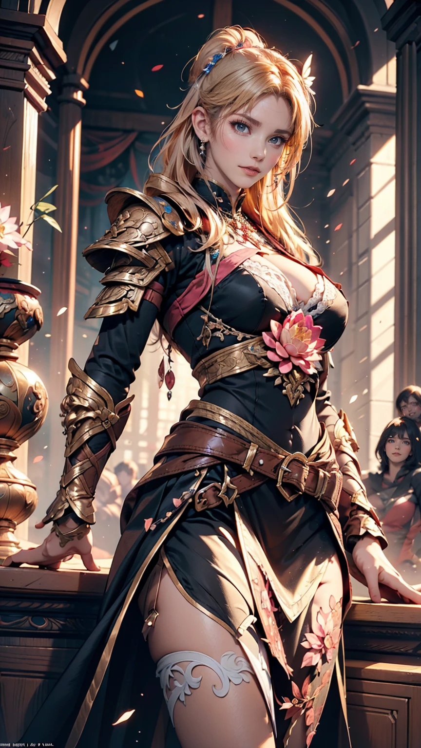 Sexy woman in white gold and pink lotus lace armor skirt, Chengwei Pan at Art Station, Jan J, Detailed fantasy art, Amazing character art, Fan Art Best Art Station, Magnificent and elaborate character art, Beautiful Armor, Highly detailed art gems, Detailed digital anime art, Art Station pixiv&#39;s artgerm, Girl in Armor, Cleavage Big Tits:1.2, (mini skirt:1,5)、Sexy proportions、Cleavage Emphasis、Emphasizing the beauty of your legs、