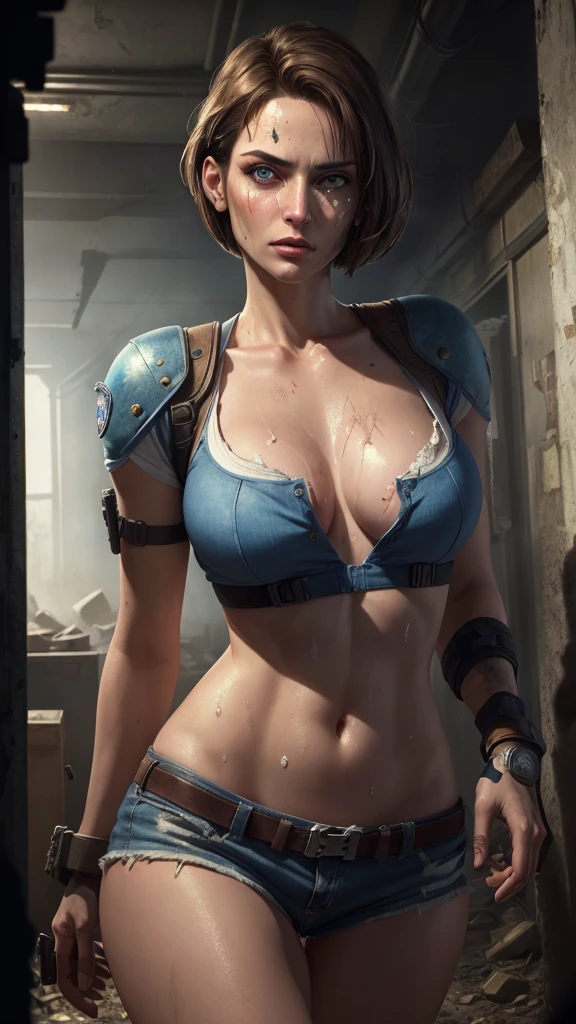 ((((masterpiece, best quality, high resolution)))), Extremely detailed 8K, 1 female, (Jill Valentine from Resident Evil) wearing a futuristic police gear, (Ultra HD, Ultra-detailed, Highly detailed, Highly realistic, Ultra-realistic, photograph realistic), (1girl:1.5), (Realistic short brown hair), (dynamic poses), facing at camera, looking at viewer, (a serious focus face), (regular black eyes, sharp eyes), (perky breasts:1.2), (beautiful detailed face, beautiful detailed eyes), ((slightly sweating)), (post-apocalyptic world background), sweat, glow, (sunbeam, sunlight), ((cowboy shot)), seductive, EnvyBetterHands LoCon,