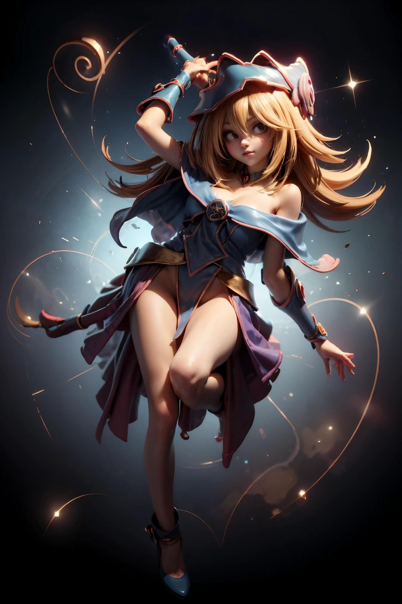 (masterpiece:1.2), (The best quality:1.2), perfect lighting, Dark Magician Girl casting a spell, floating in the air, big tits, neckline, magic background. Transparent hearts in the air, blue robe, big hat, from above, Sparkles, Yugioh Card in the background. In heels and a bikini