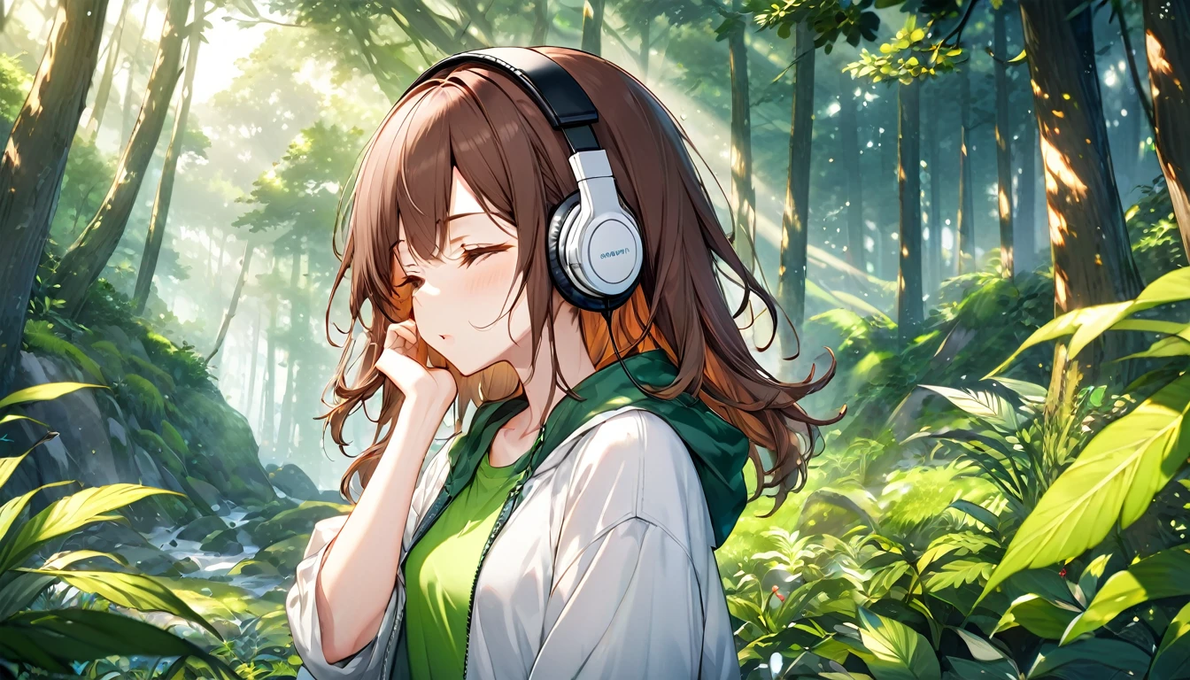 Brown-haired girl wearing headphones、Breath of Nature - Highly detailed、masterpiece, Highest quality, Bright - with lush forest background、Calm expression、Casual clothing、wood々Taking a deep breath surrounded by
(Detailed fingers), (Emotional), (Breathtakingly beautiful), (main part:1.2 Whole body), (Anime Style), (Very detailed), (超High resolution, High resolution), (8k), (Complex and beautiful: 1.2)