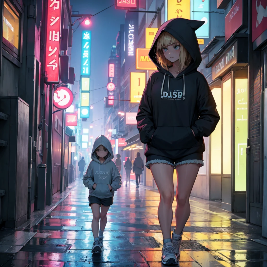 Girl in a hoodie and shorts walking through a big city at night, raining