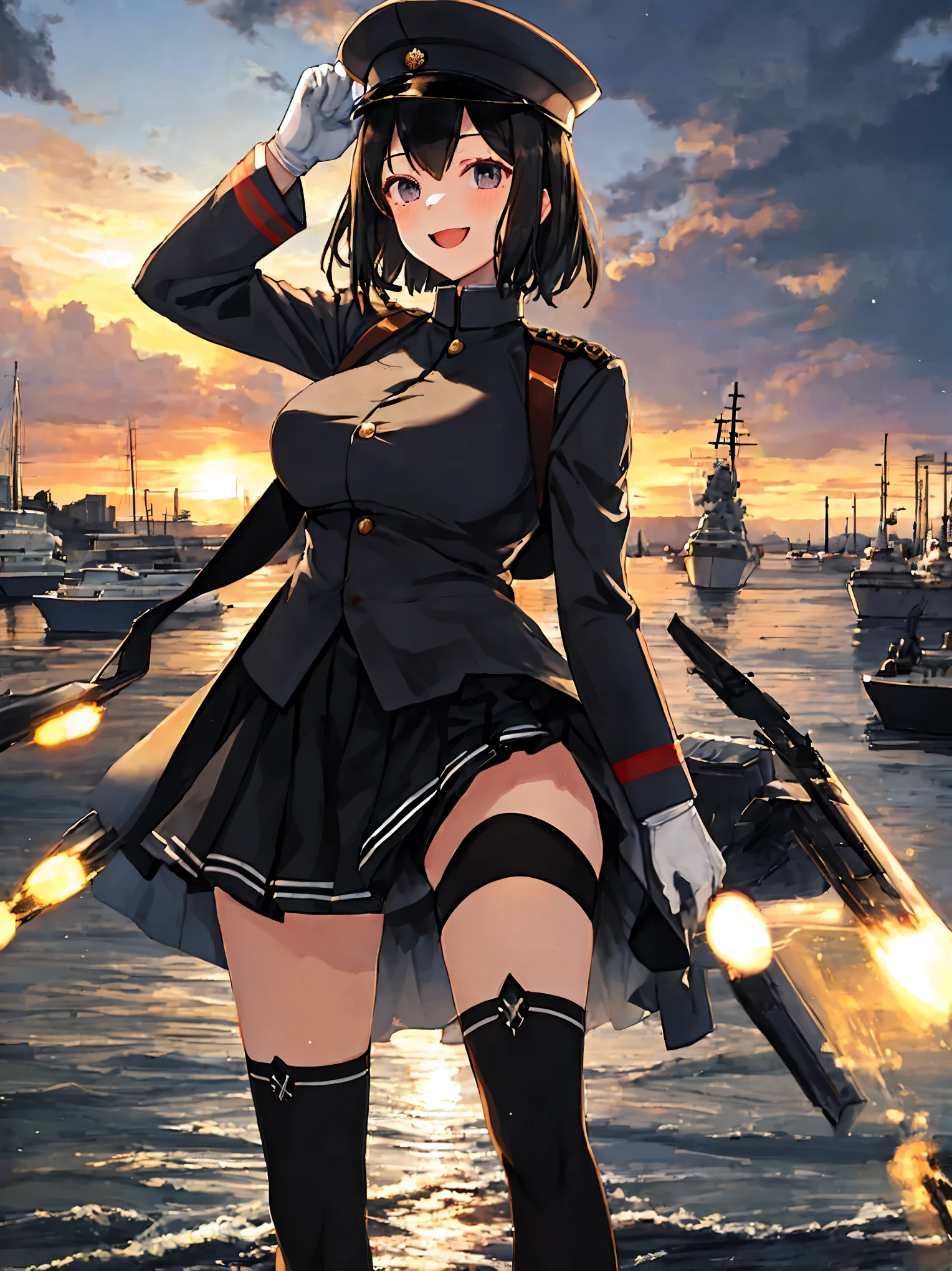 best quality, masterpiece, solo, {akitsu_maru_kantaicollection:1.15}, black_hair, short_hair, hat, peaked_cap, black_eyes, military, big_breasts, 1girl, black_headwear, looking_at_viewer,black_ military_uniform, uniform, military_hat, in_front_harbor_town_landscape_background, smile,(plump:0.7),,black_thigh-highs,joylight_open_mouth,white_skin