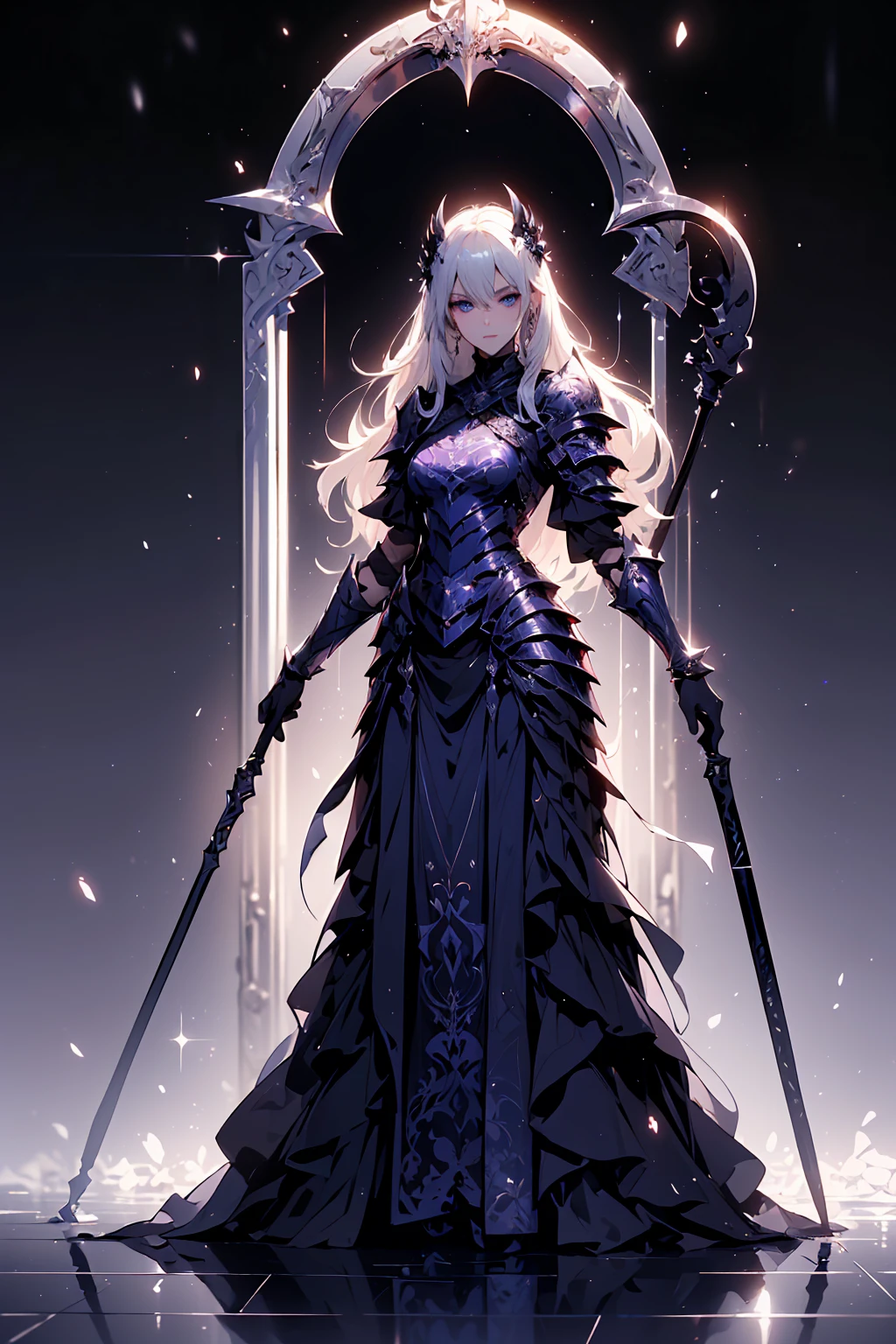 (((masterpiece, best quality, high detailed, 16k))) (1girl) A breathtakingly beautiful young slender girl with long flowing stylish white hair and piercing blue eyes. She wears a demonic armor in purple black and white. wields a large stylized scythe. ((full body view))