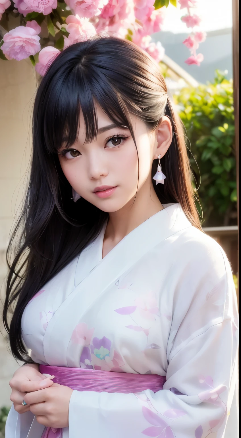 (logo、masterpiece、8k、Tabletop、RAW Photos、wonderful、最high quality、フォトリアリスティックでVery detailedな CG 複合 8k 壁紙、high quality、Very detailed、Narrative poem、Particle Effects、Dynamic Effects、Depth of the Boundary、Cinematic Light、Lens flare、Ray Tracing）、 (One beautiful woman wearing a yukata、White yukata、Light purple pattern)、Black-haired、High definition skin、Very fine、Fine skin texture、Beautiful Face、True Face、Beautiful details in the eyes、Realistic eyes、Beautifully detailed eyes、Realistic Skin、Beautiful Skin、Surreal、Smiling Eyes、Hair and light eyes、vivid、Colorful lights and bokeh、plump lower lip、Pink Lips、Hair flutters in Wind、Hair bounces、wonderful景色、night、evening、Wind、moonlight、moonlight、light